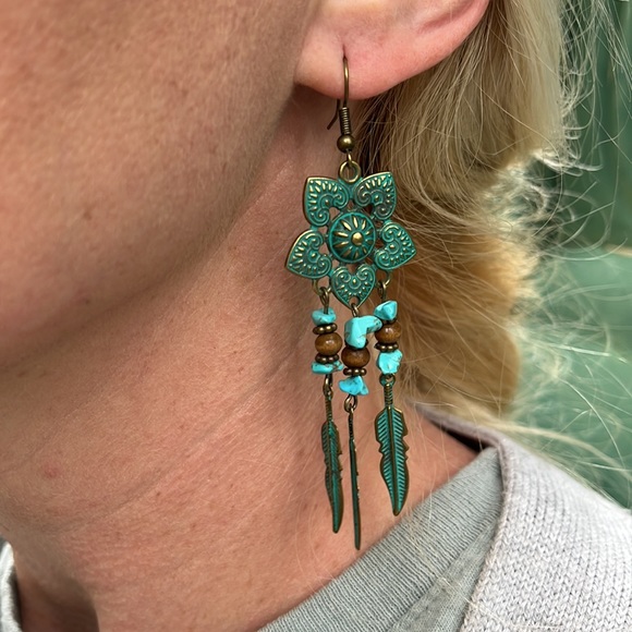 Boho Gypsy Stamped Metal Patina Drop Earrings - Picture 4 of 13